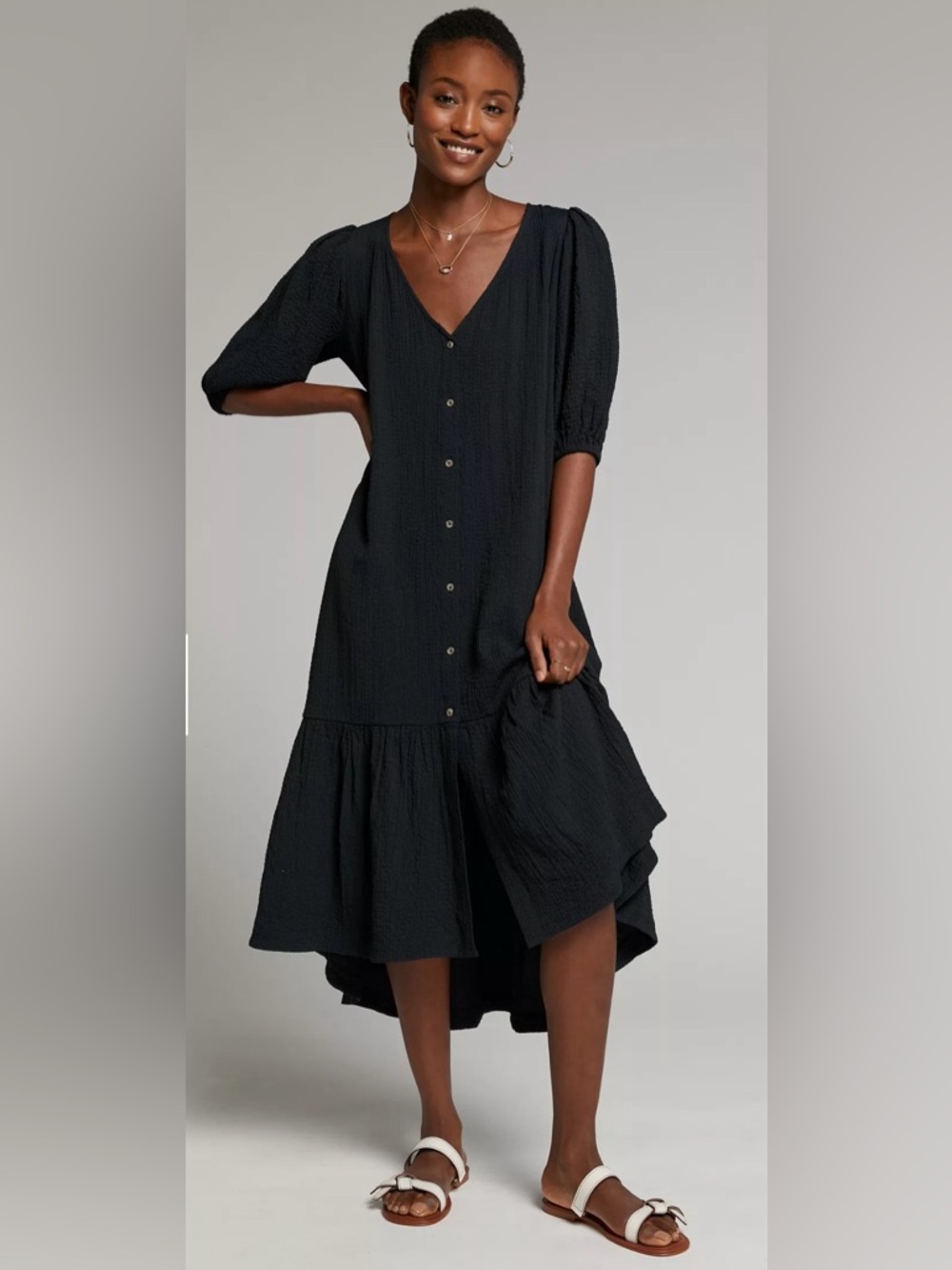 Black Button-Front V-Neck Midi Dress